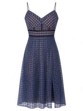 Roselani Navy Blue Tan Gingham Plaid Ladder Lace Cutout Midi Dress Size S‎ Boho